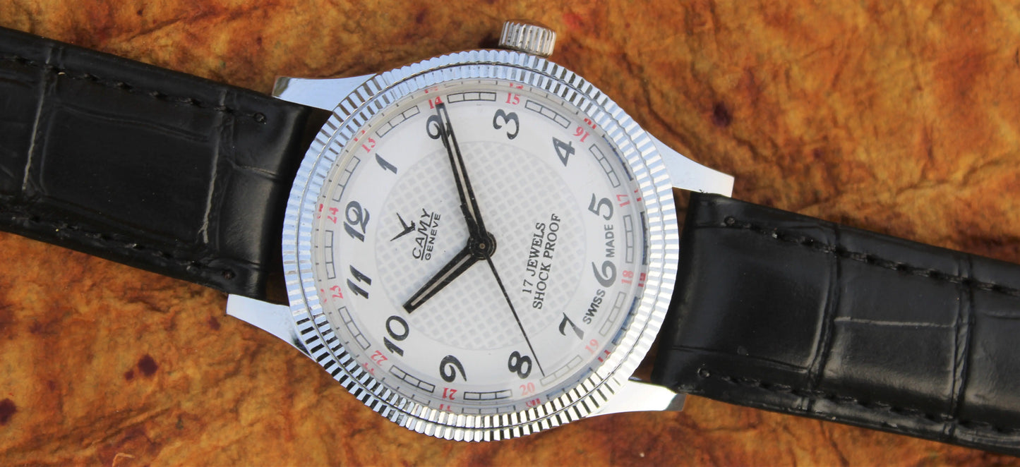Camy Geneva Vintage 17 Jewels FHF ST96 Mechanical Hand Winding Swiss Made White Dial Wristwatch - Genuine Vintage Watches