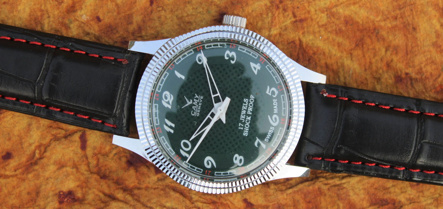 Camy Geneva Vintage 17 Jewels FHF ST96 Mechanical Hand Winding Swiss Made Green Dial Wristwatch - Genuine Vintage Watches
