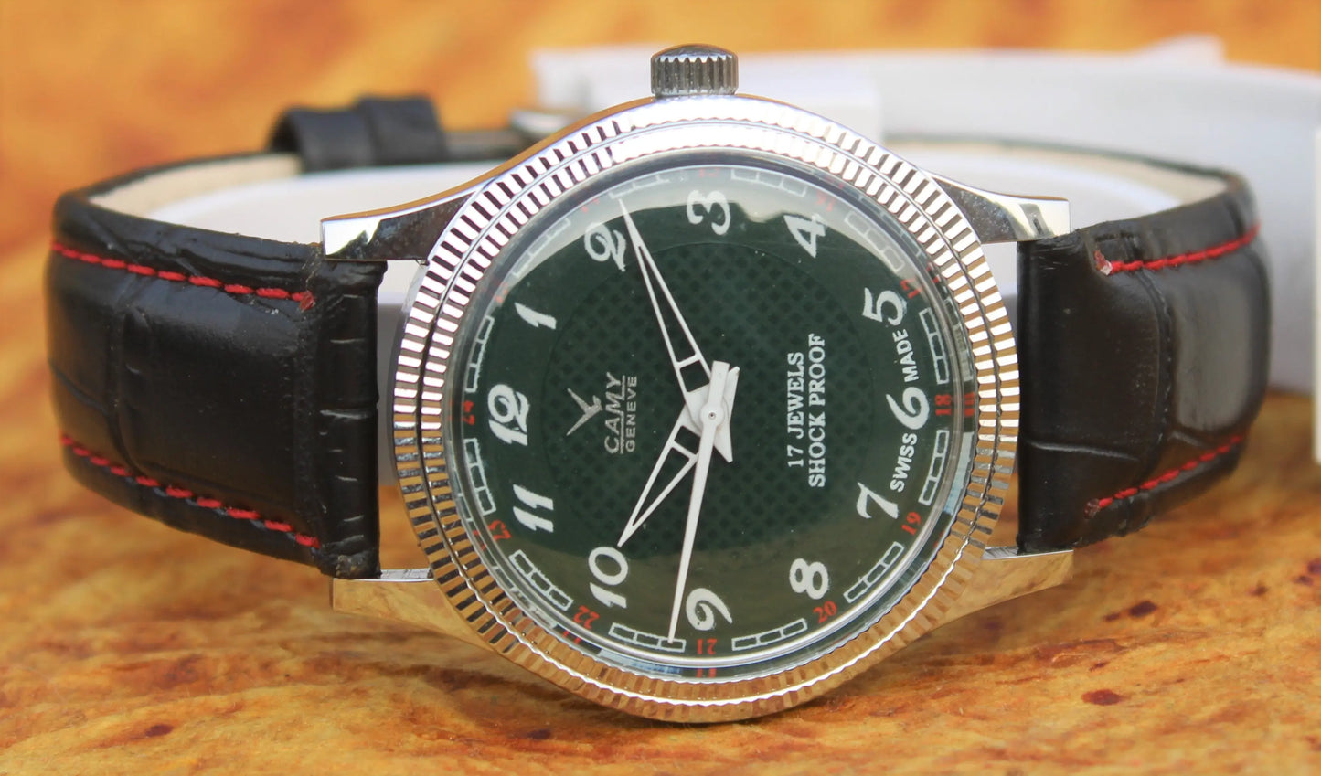 Camy Geneva Vintage 17 Jewels FHF ST96 Mechanical Hand Winding Swiss Made Green Dial Wristwatch - Genuine Vintage Watches