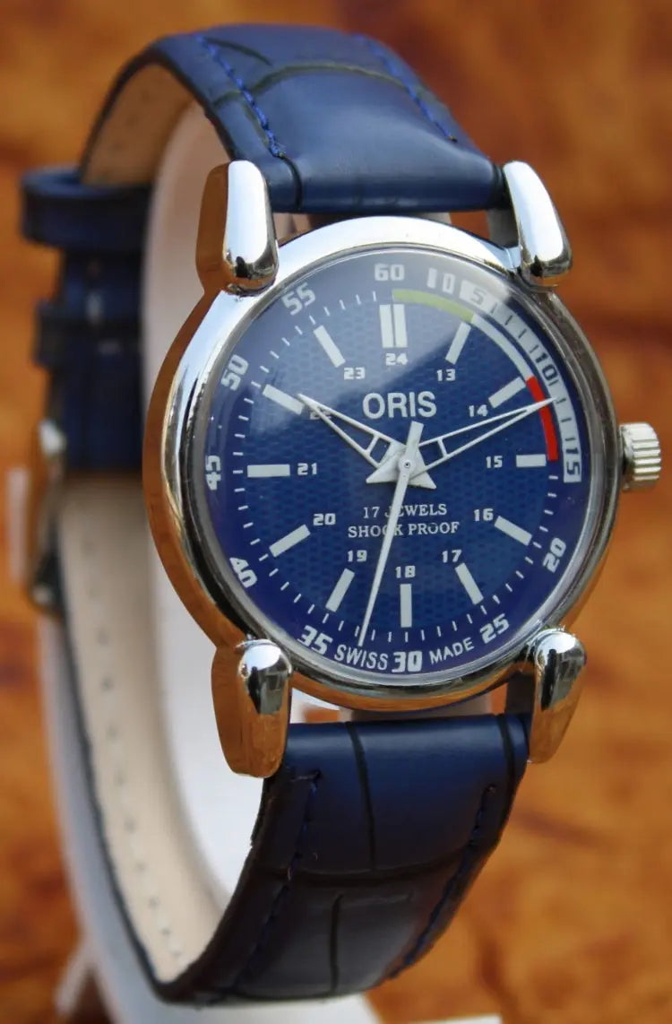 Blue Faux Leather Watch ORIS 17 Jewels FHF ST96 Mechanical Hand Winding Swiss Made - Genuine Vintage Watches