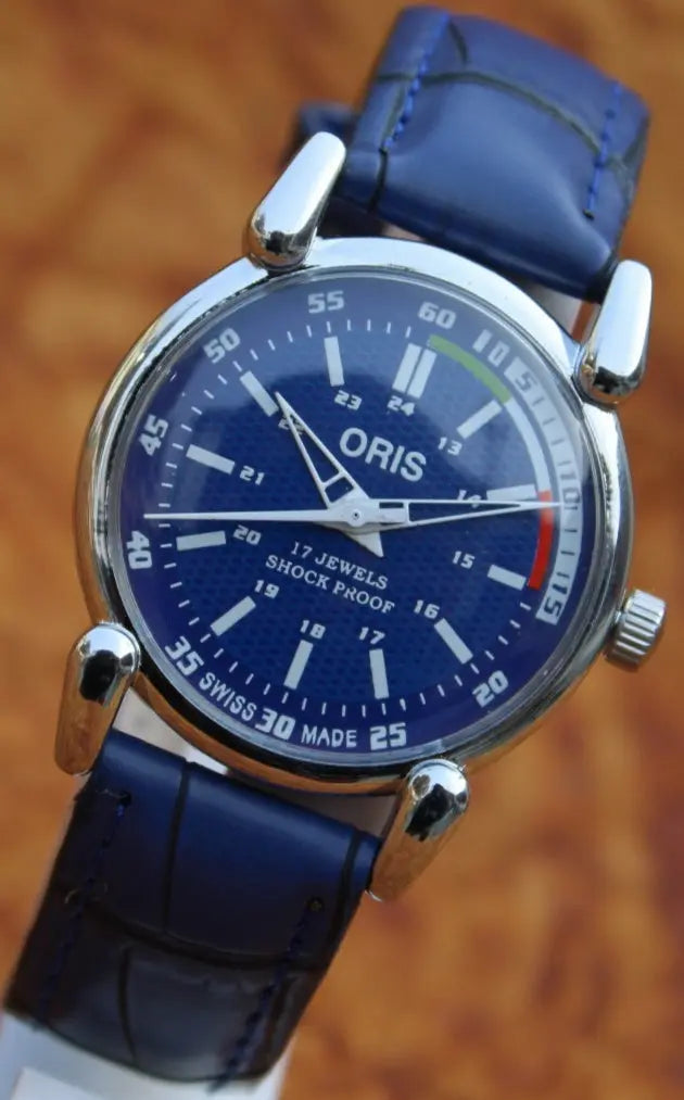 Blue Faux Leather Watch ORIS 17 Jewels FHF ST96 Mechanical Hand Winding Swiss Made - Genuine Vintage Watches