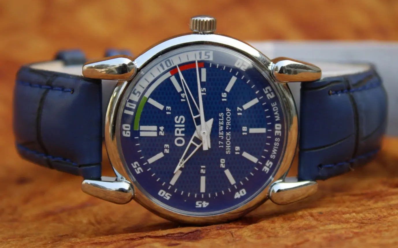 Blue Faux Leather Watch ORIS 17 Jewels FHF ST96 Mechanical Hand Winding Swiss Made - Genuine Vintage Watches