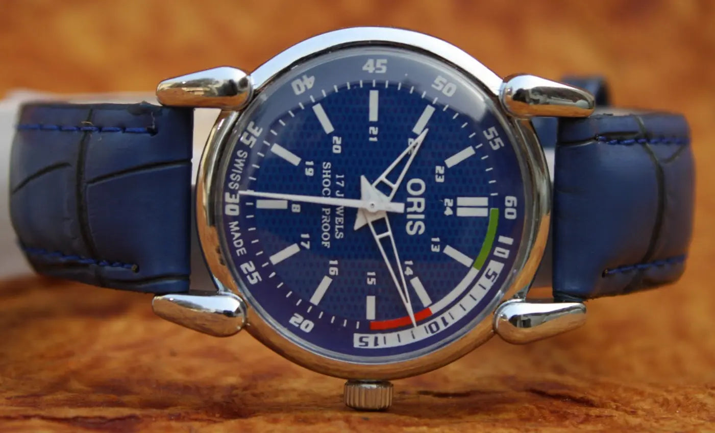 Blue Faux Leather Watch ORIS 17 Jewels FHF ST96 Mechanical Hand Winding Swiss Made - Genuine Vintage Watches