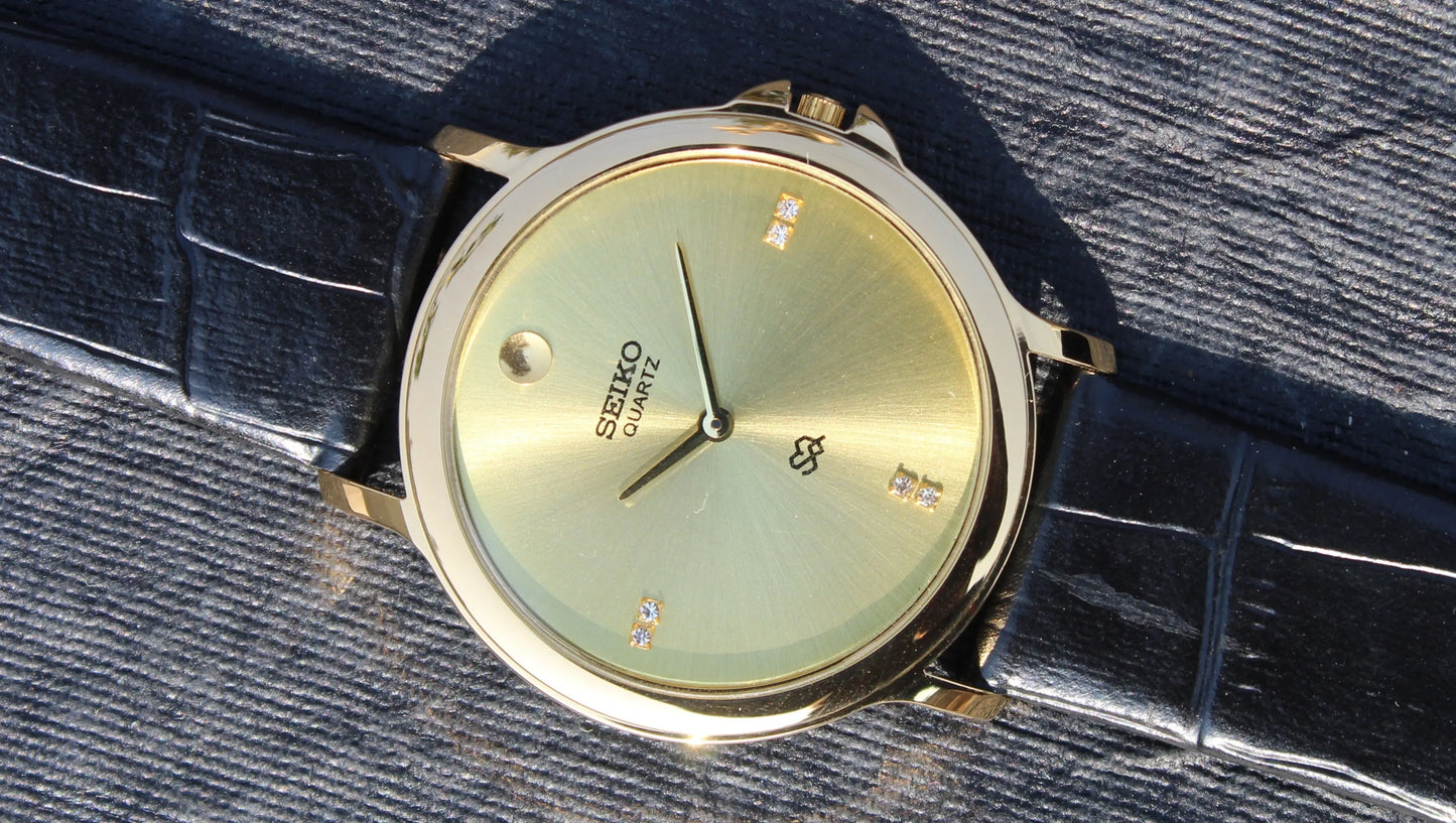 Seiko Quartz Super Slim Two Hands Japan Made Gold Plated Case Golden Dial Wristwatch - Genuine Vintage Watches