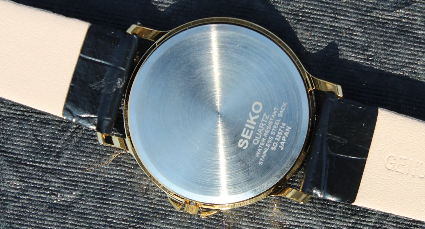 Seiko Quartz Super Slim Two Hands Japan Made Gold Plated Case Golden Dial Wristwatch - Genuine Vintage Watches