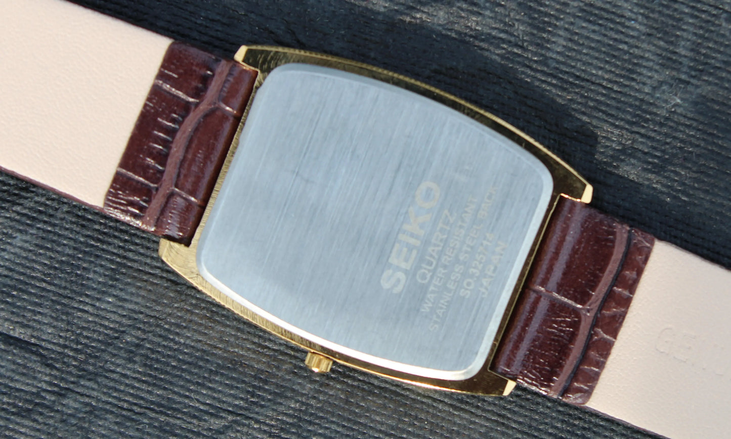 Seiko Quartz Super Slim Two Hands Japan Made Gold Plated Case Golden Dial Wristwatch - Genuine Vintage Watches