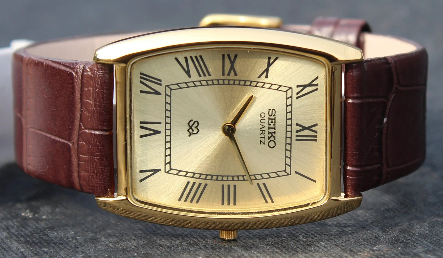 Seiko Quartz Super Slim Two Hands Japan Made Gold Plated Case Golden Dial Wristwatch - Genuine Vintage Watches