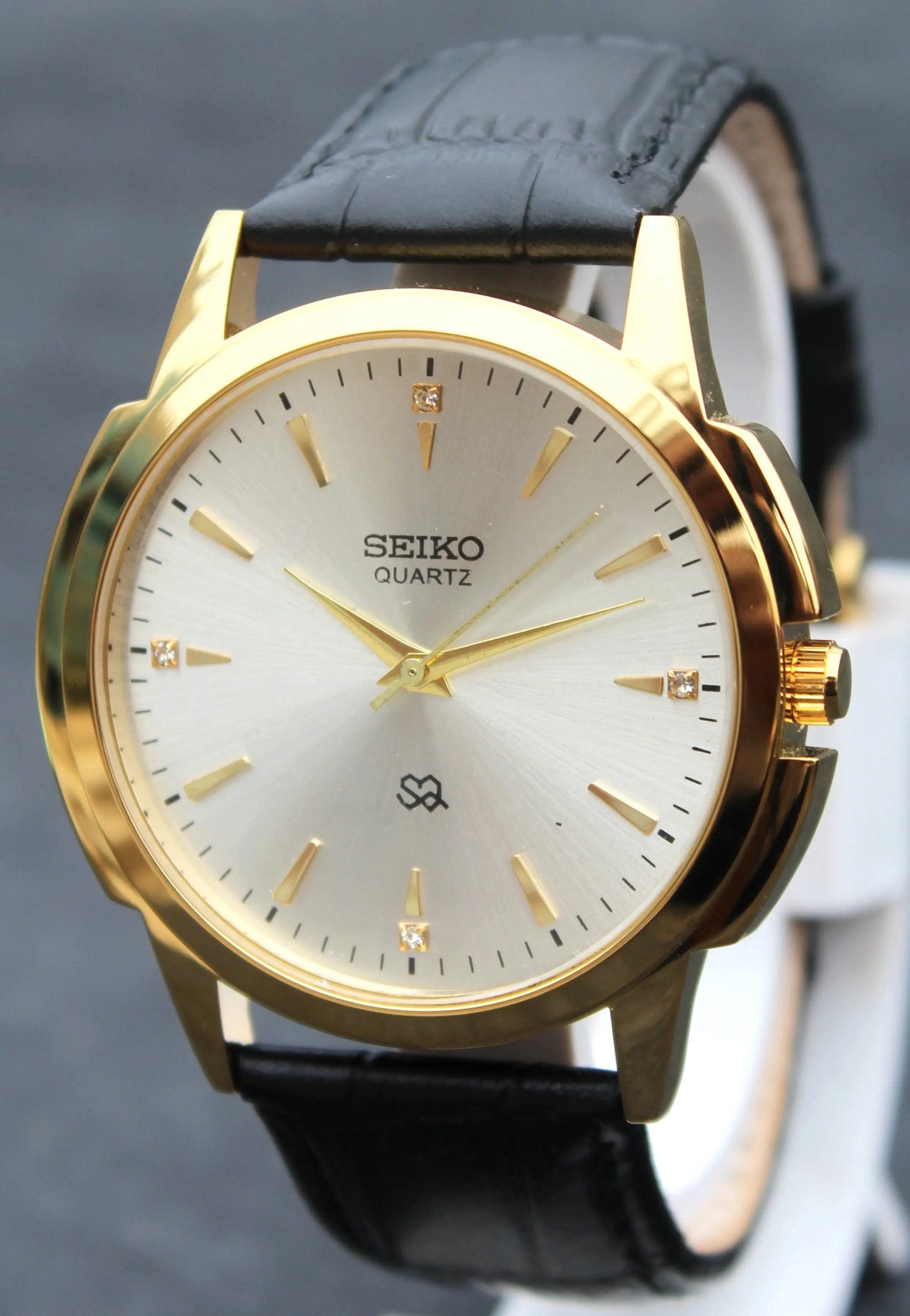 Seiko Quartz Japan Made Gold Plated Case Silver Dial Faux Leather Strap Wristwatch - Genuine Vintage Watches