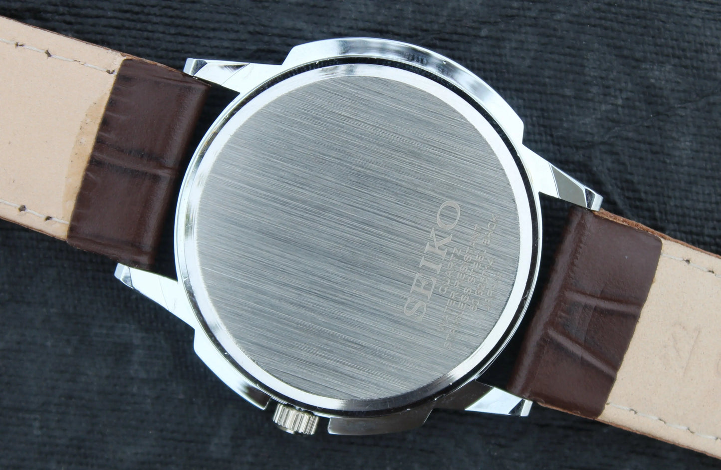 Seiko Quartz Japan Made Stainless Steel Case White Dial Faux Leather Strap Wristwatch - Genuine Vintage Watches