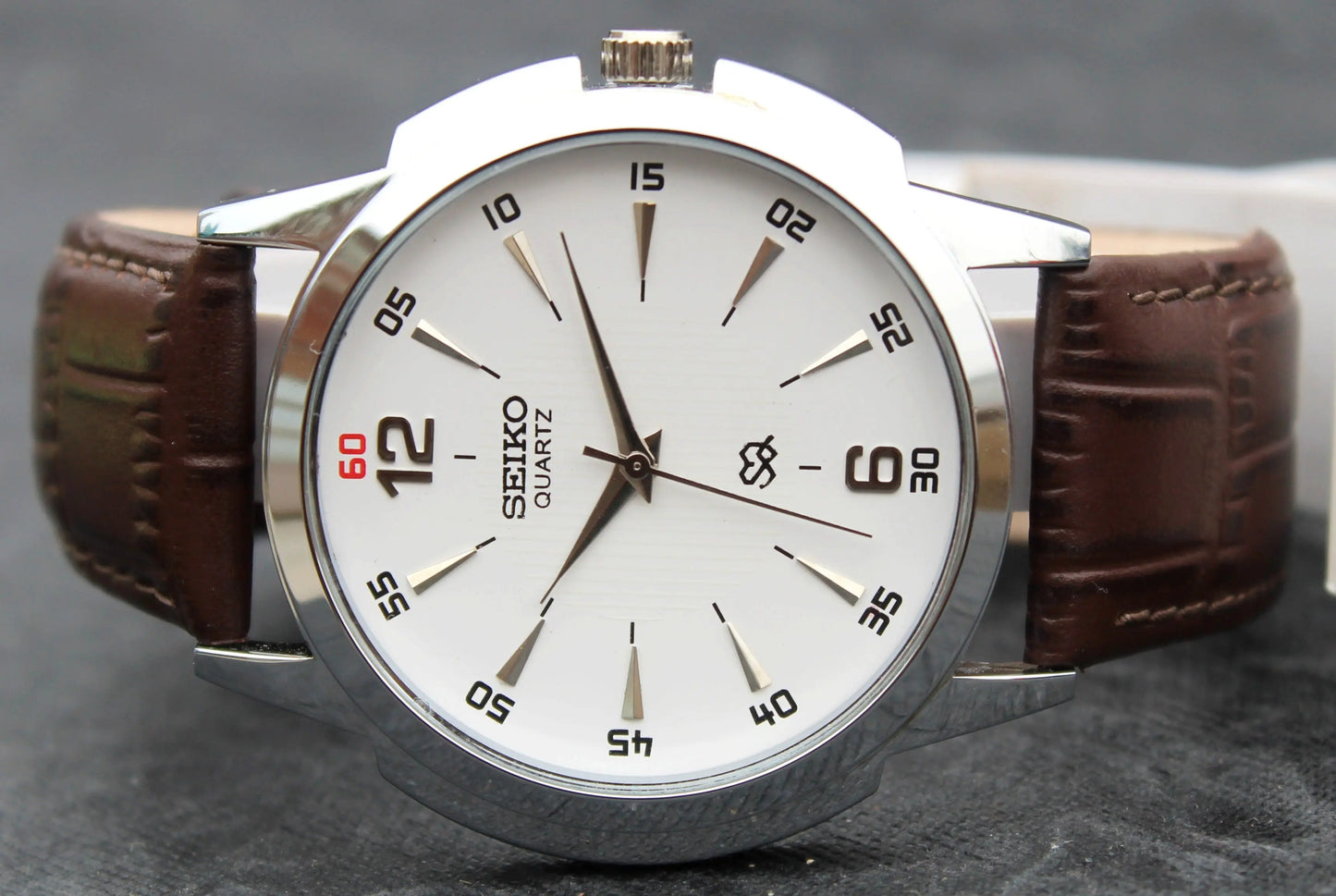 Seiko Quartz Japan Made Stainless Steel Case White Dial Faux Leather Strap Wristwatch - Genuine Vintage Watches