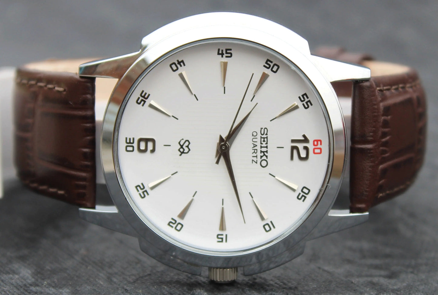 Seiko Quartz Japan Made Stainless Steel Case White Dial Faux Leather Strap Wristwatch - Genuine Vintage Watches