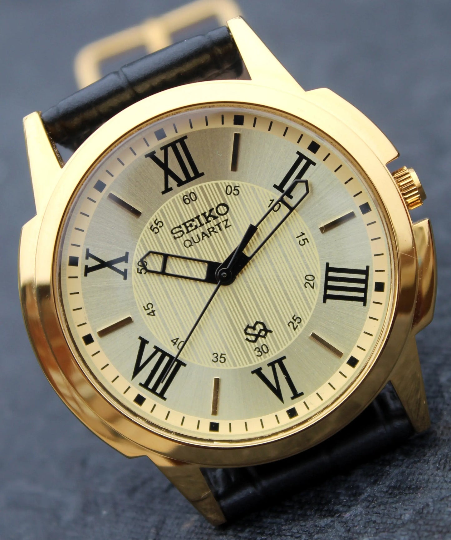 Seiko Quartz Japan Made Gold Plated Case Gold Dial Faux Leather Strap Wristwatch - Genuine Vintage Watches