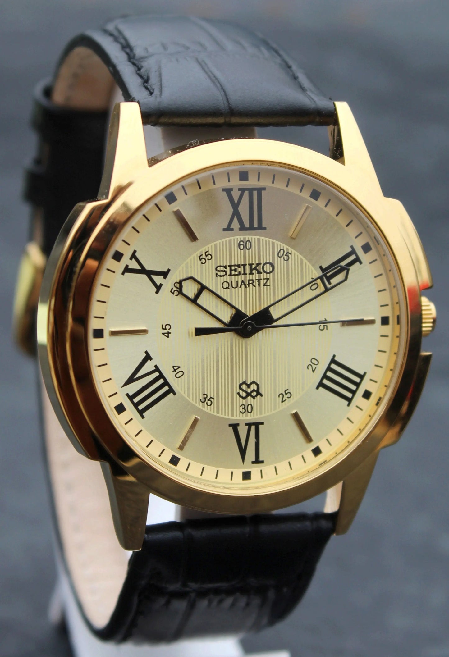 Seiko Quartz Japan Made Gold Plated Case Gold Dial Faux Leather Strap Wristwatch - Genuine Vintage Watches