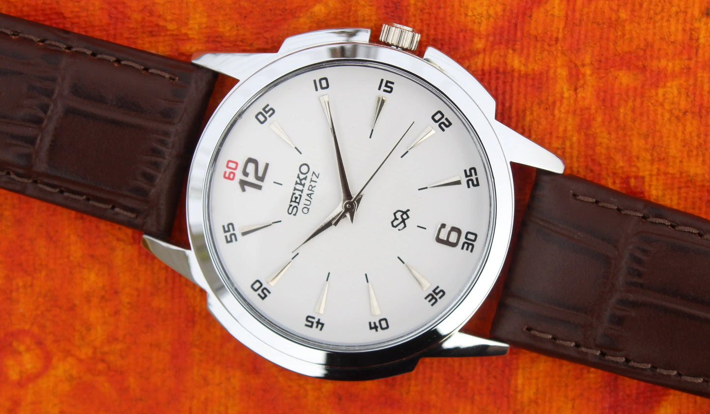 Seiko Quartz Japan Made Gold Plated Case White Dial Faux Leather Strap Wristwatch - Genuine Vintage Watches