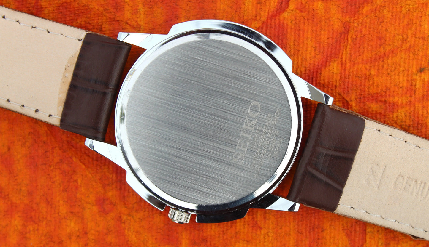 Seiko Quartz Japan Made Gold Plated Case White Dial Faux Leather Strap Wristwatch - Genuine Vintage Watches