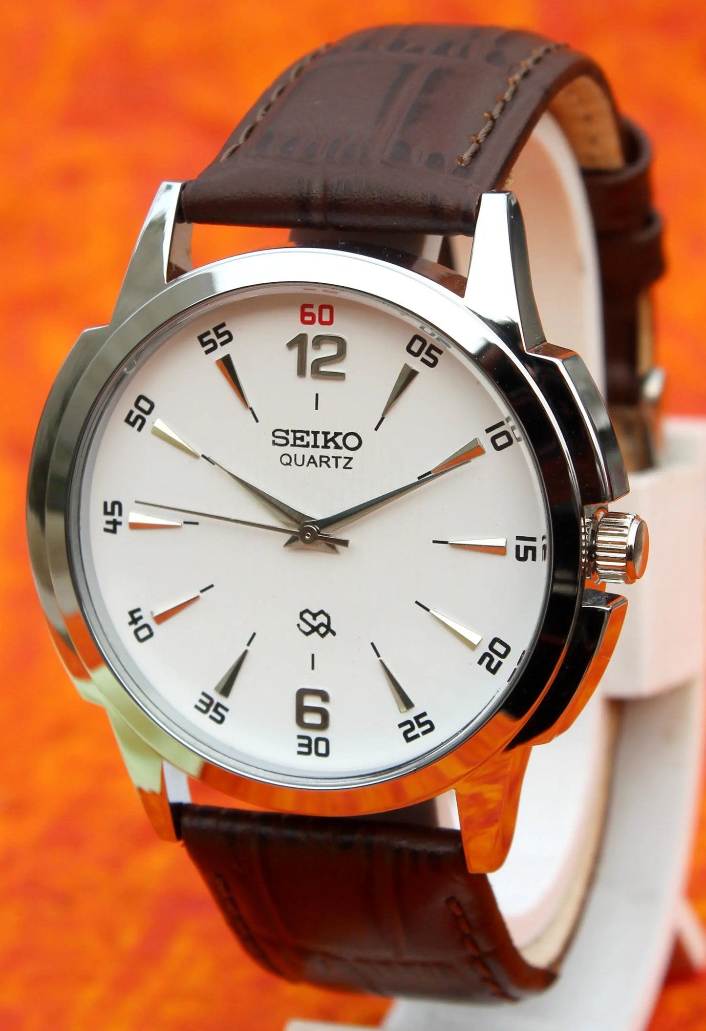 Seiko Quartz Japan Made Gold Plated Case White Dial Faux Leather Strap Wristwatch - Genuine Vintage Watches