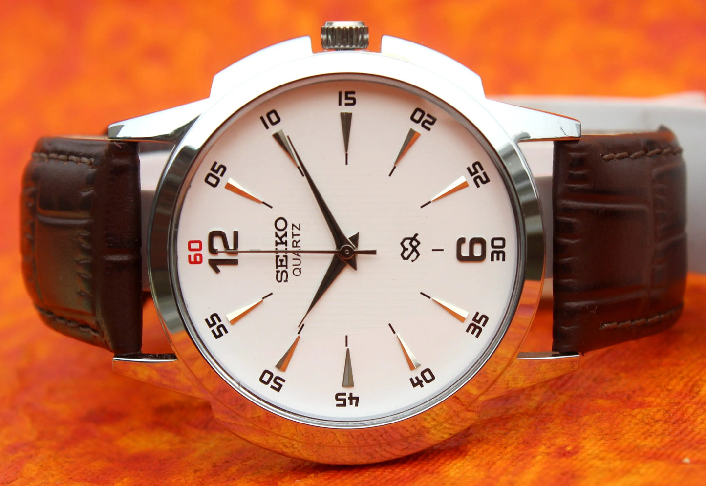 Seiko Quartz Japan Made Gold Plated Case White Dial Faux Leather Strap Wristwatch - Genuine Vintage Watches