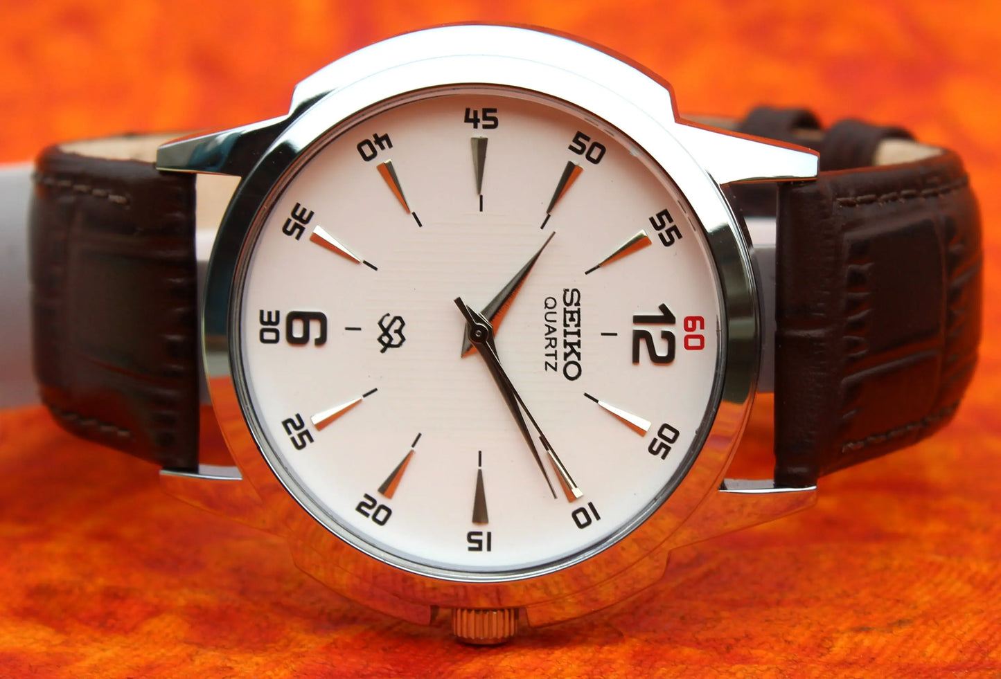 Seiko Quartz Japan Made Gold Plated Case White Dial Faux Leather Strap Wristwatch - Genuine Vintage Watches