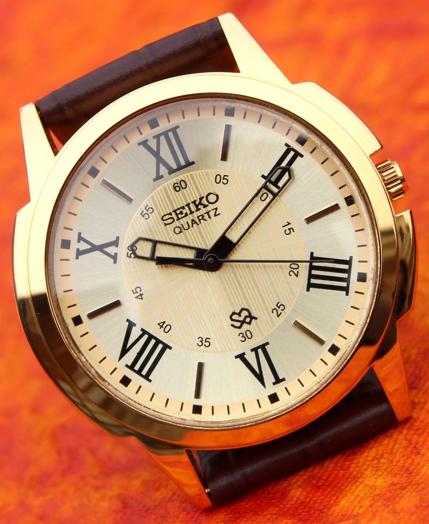 Seiko Quartz Japan Made Gold Plated Case Gold Dial Faux Leather Strap Wristwatch - Genuine Vintage Watches