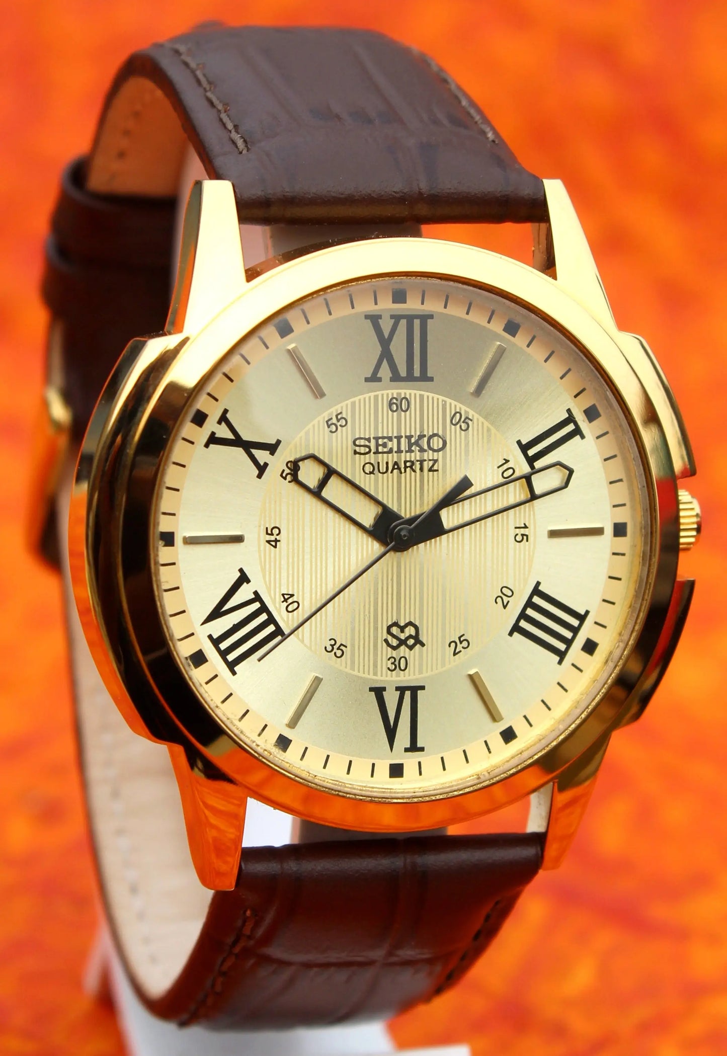 Seiko Quartz Japan Made Gold Plated Case Gold Dial Faux Leather Strap Wristwatch - Genuine Vintage Watches