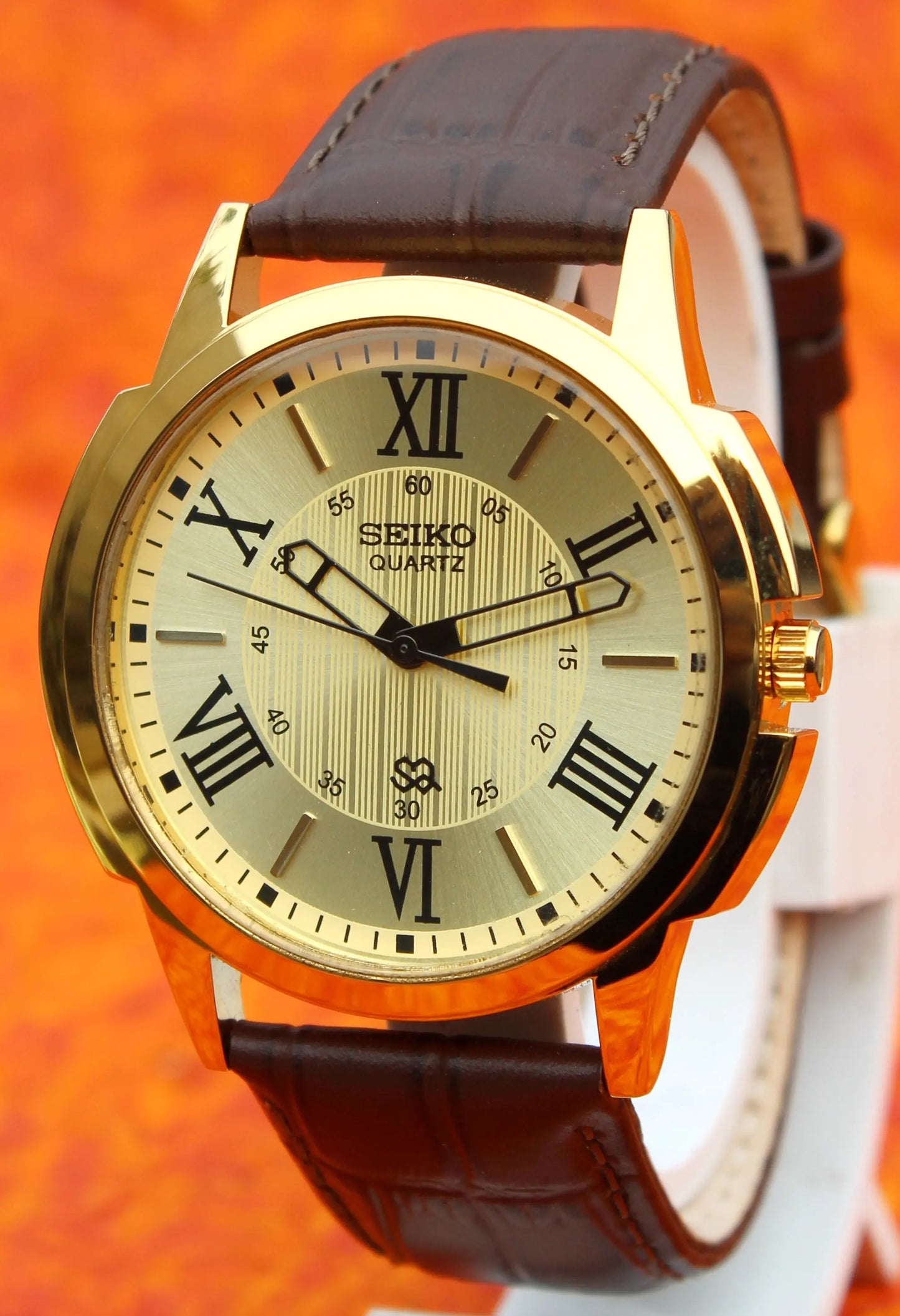 Seiko Quartz Japan Made Gold Plated Case Gold Dial Faux Leather Strap Wristwatch - Genuine Vintage Watches