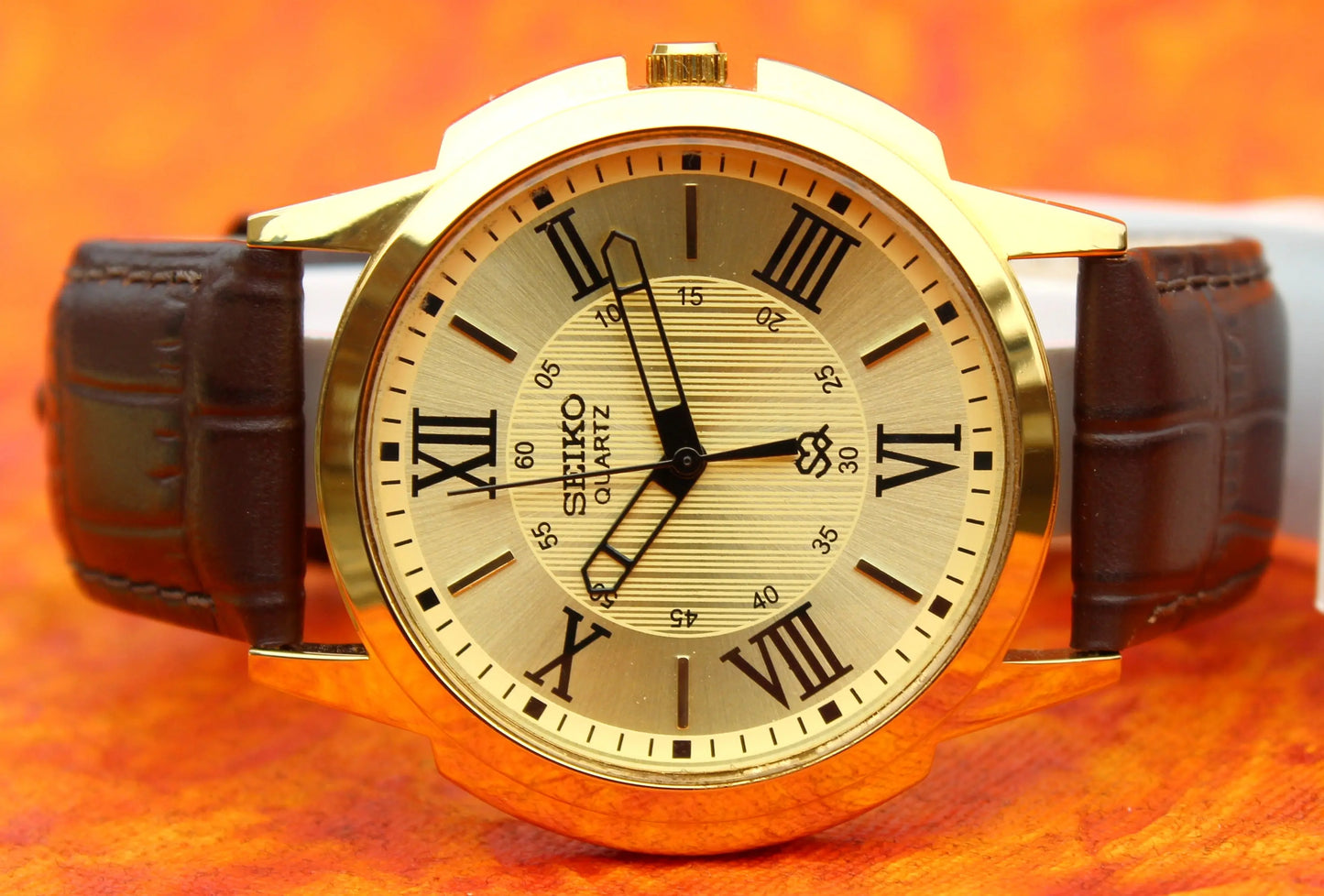 Seiko Quartz Japan Made Gold Plated Case Gold Dial Faux Leather Strap Wristwatch - Genuine Vintage Watches