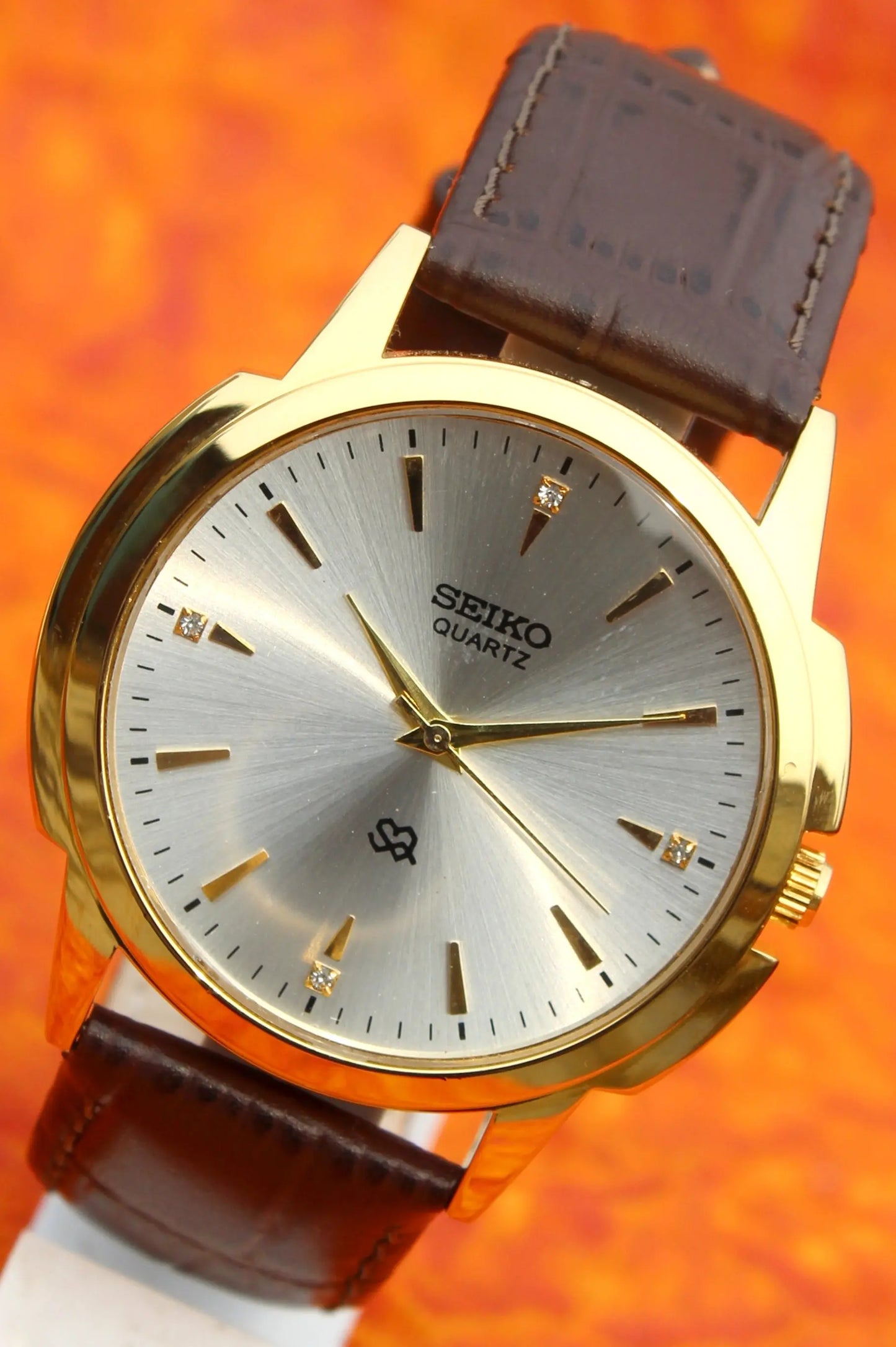 Seiko Quartz Japan Made Gold Plated Case Silver Dial Faux Leather Strap Wristwatch - Genuine Vintage Watches