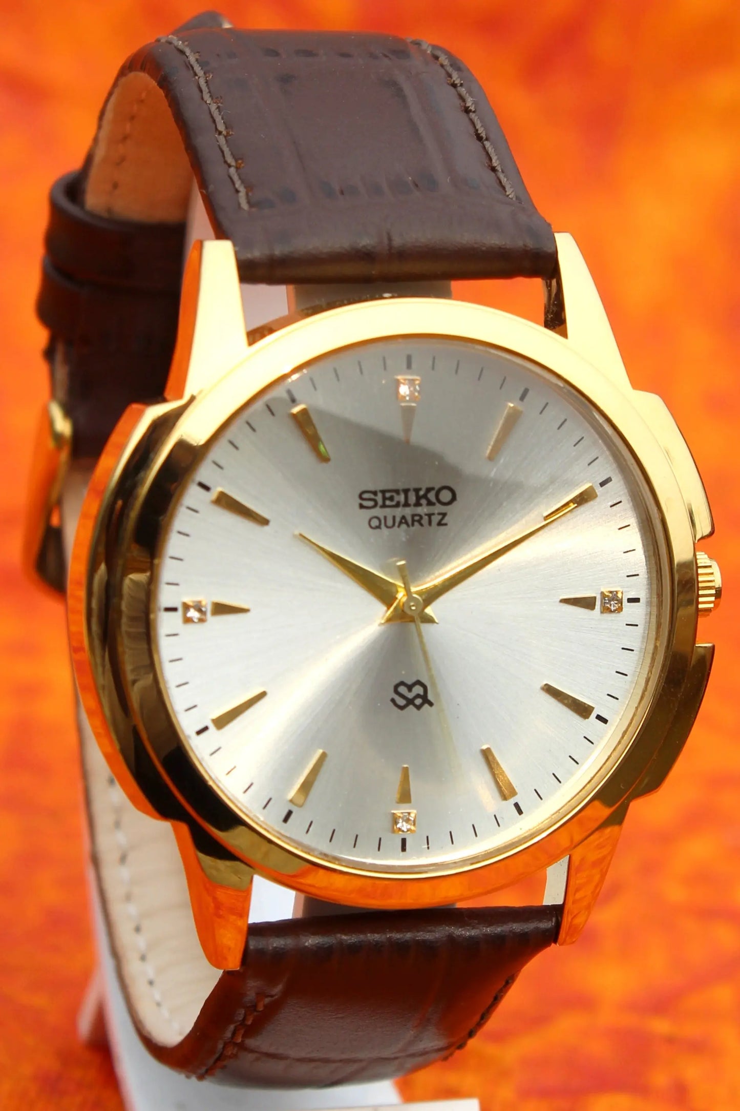 Seiko Quartz Japan Made Gold Plated Case Silver Dial Faux Leather Strap Wristwatch - Genuine Vintage Watches
