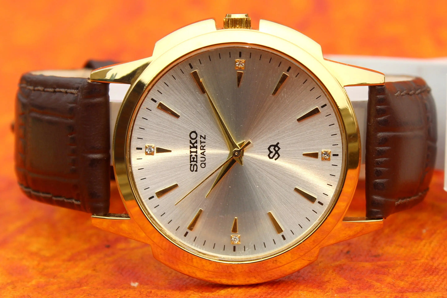 Seiko Quartz Japan Made Gold Plated Case Silver Dial Faux Leather Strap Wristwatch - Genuine Vintage Watches