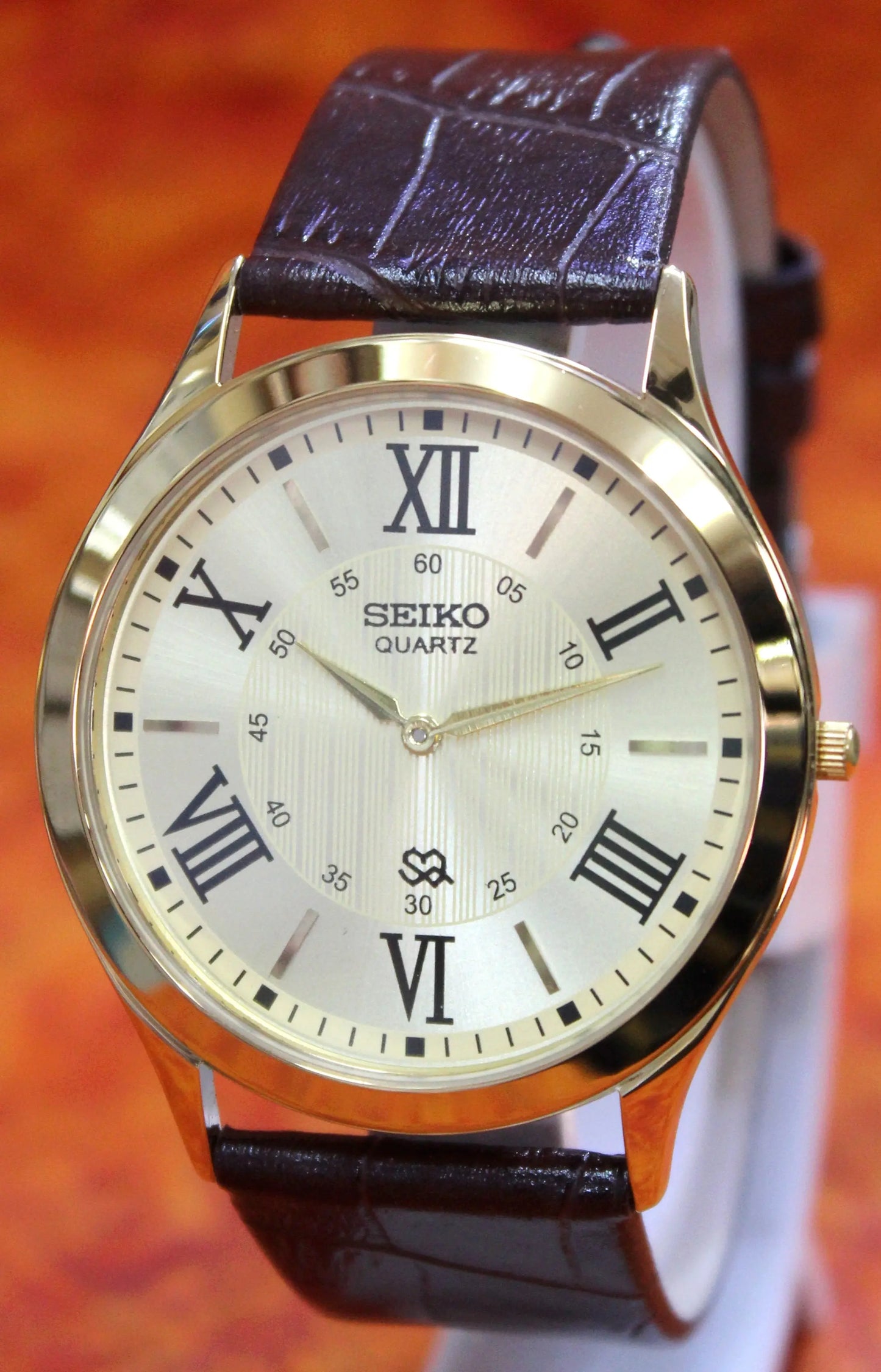 Seiko Quartz Japan Made Super Slim Two Hands Stainless Steel Case Gold Dial Wristwatch - Genuine Vintage Watches