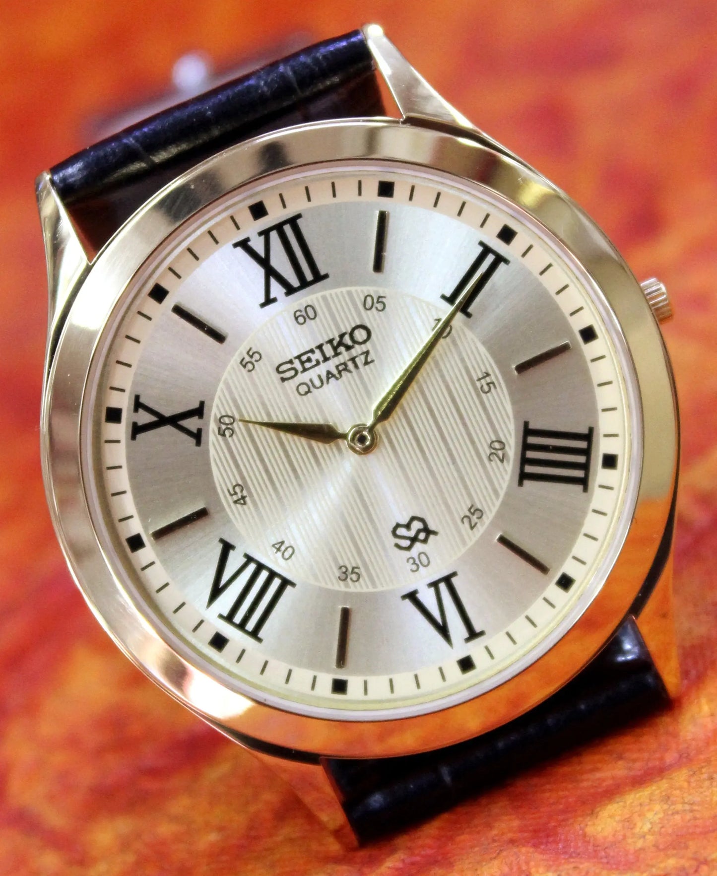 Seiko Quartz Super Slim Two Hands Japan Made Gold Plated Case Gold Dial Wristwatch