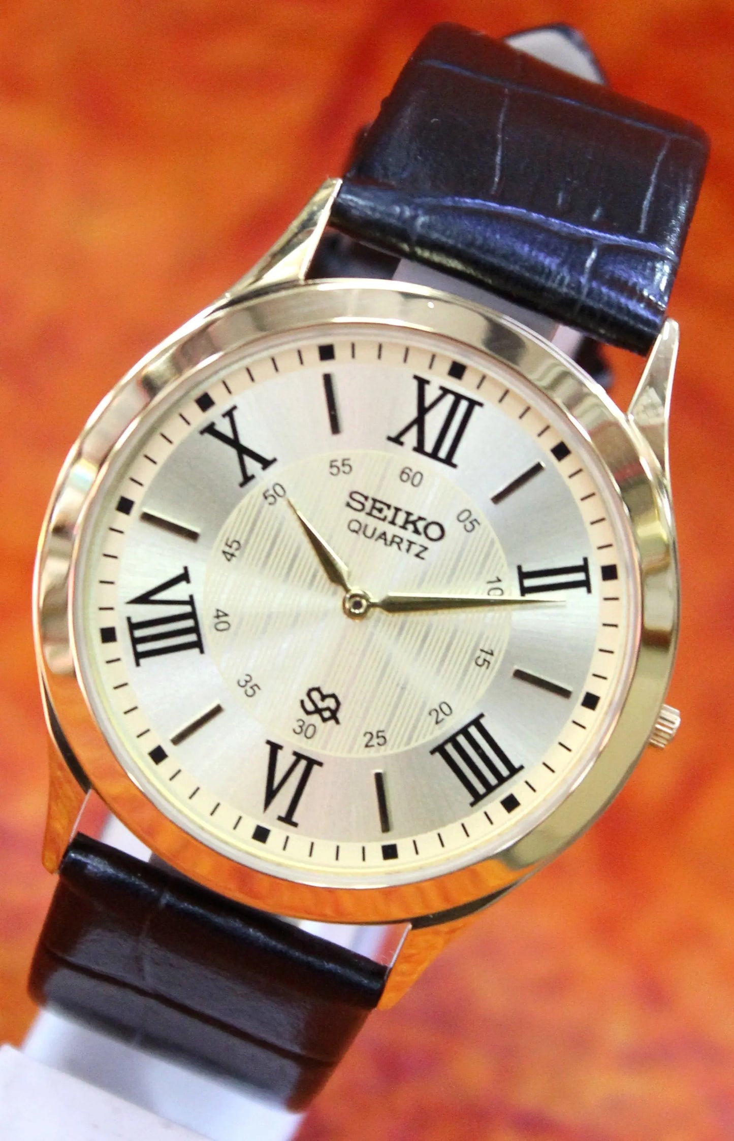 Seiko Quartz Super Slim Two Hands Japan Made Gold Plated Case Gold Dial Wristwatch