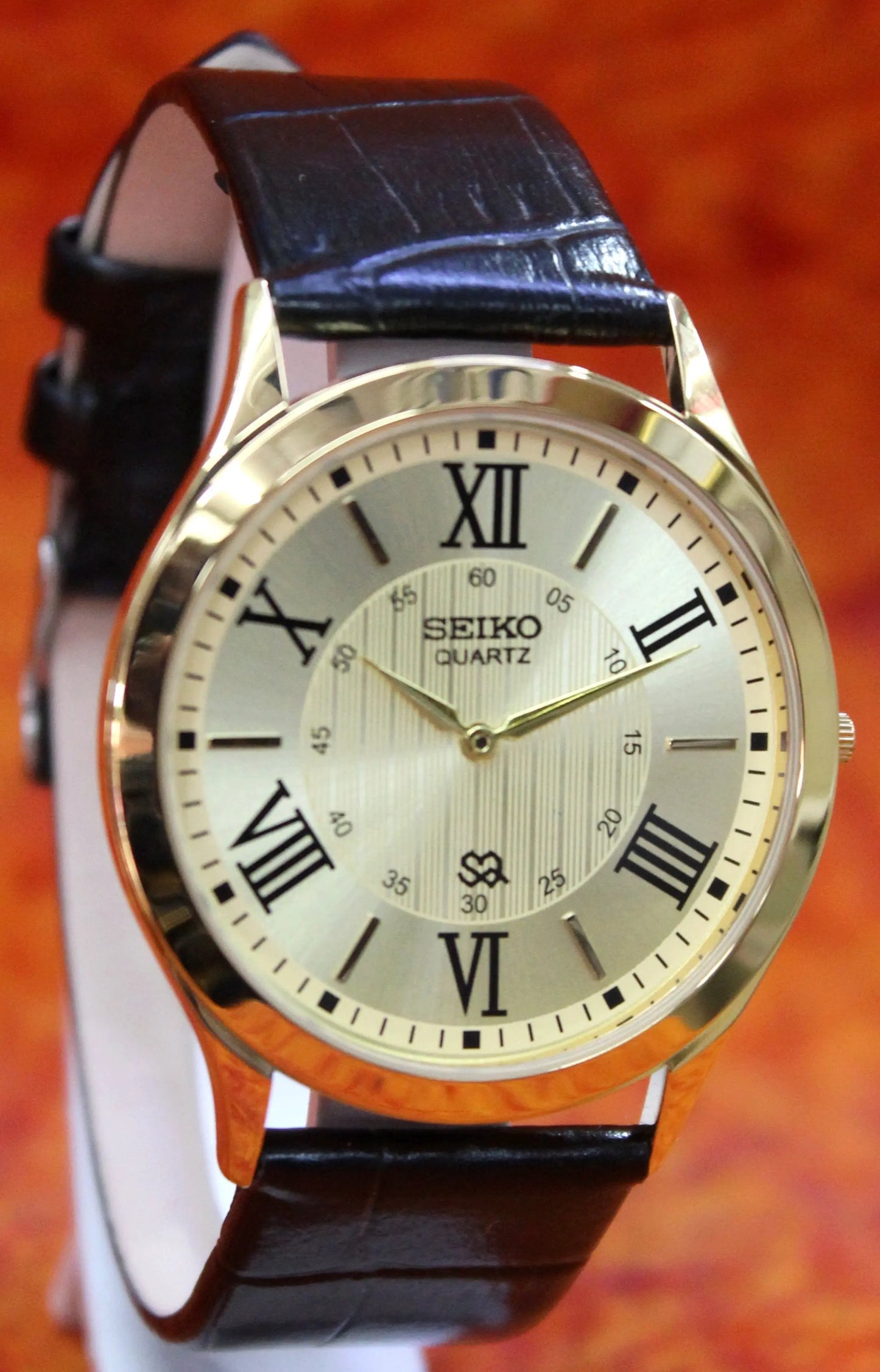 Seiko Quartz Super Slim Two Hands Japan Made Gold Plated Case Gold Dial Wristwatch