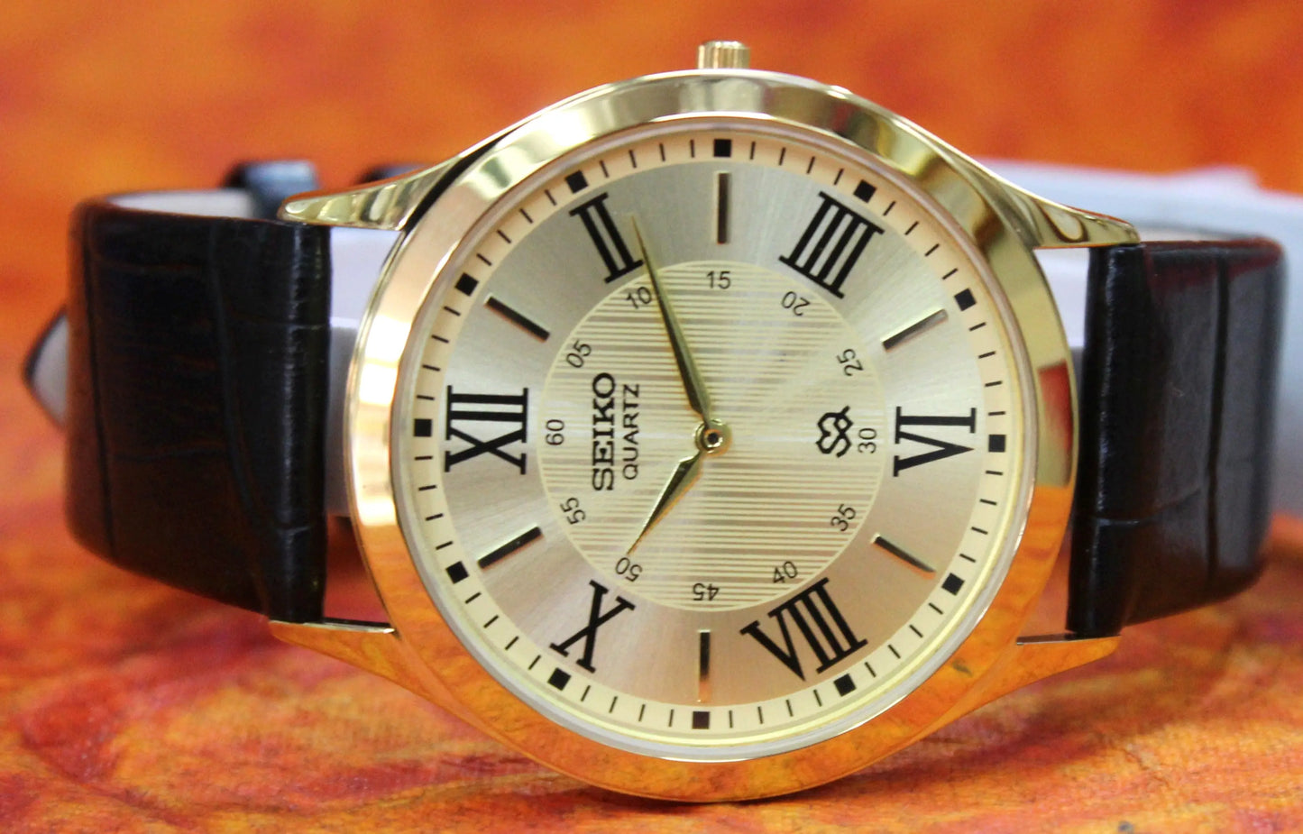 Seiko Quartz Super Slim Two Hands Japan Made Gold Plated Case Gold Dial Wristwatch