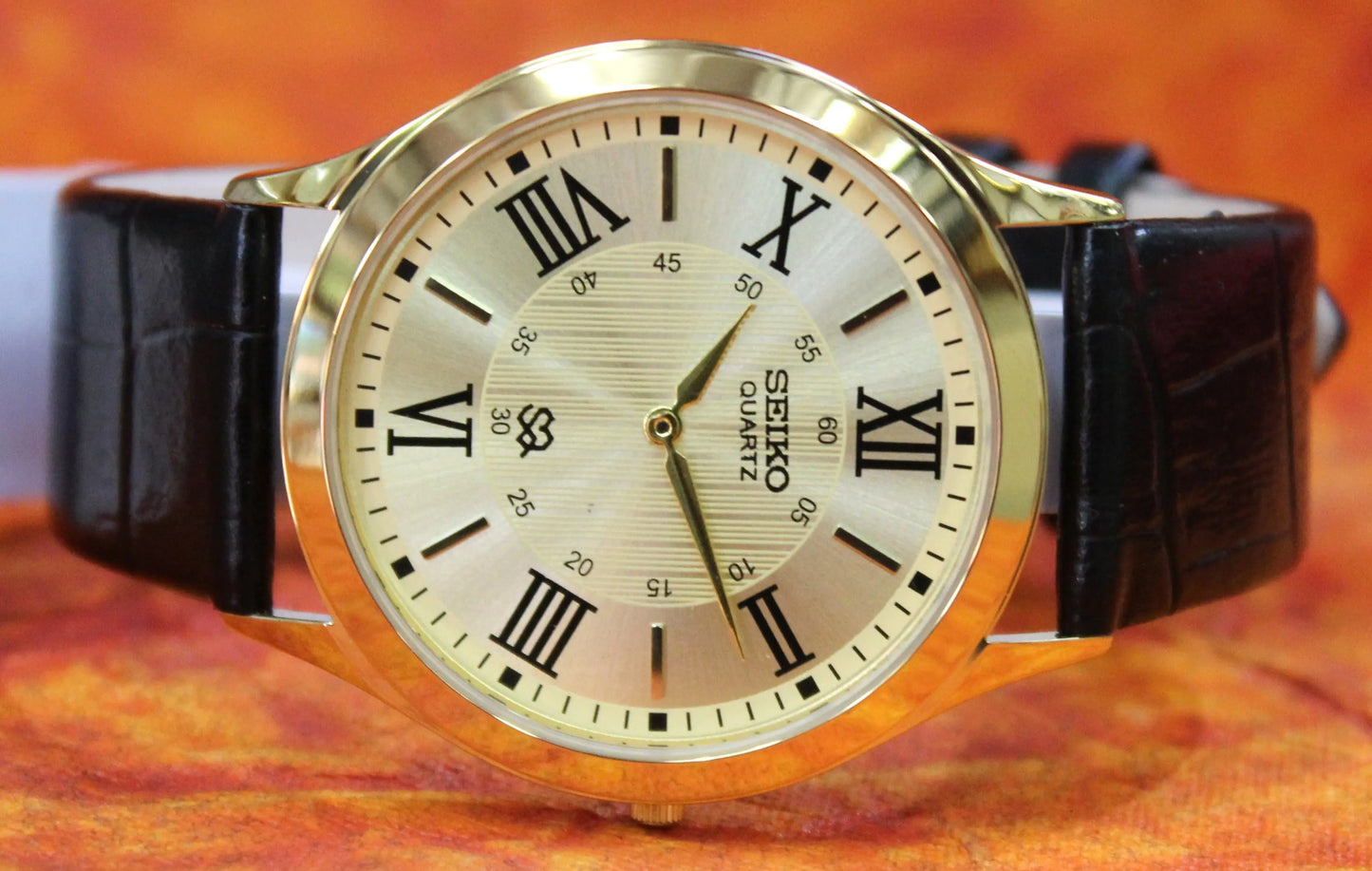 Seiko Quartz Super Slim Two Hands Japan Made Gold Plated Case Gold Dial Wristwatch