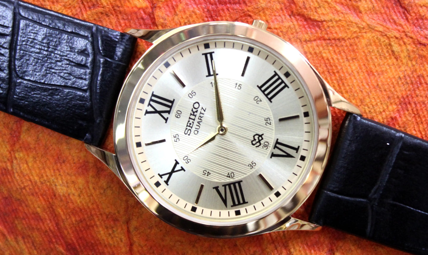 Seiko Quartz Super Slim Two Hands Japan Made Gold Plated Case Gold Dial Wristwatch
