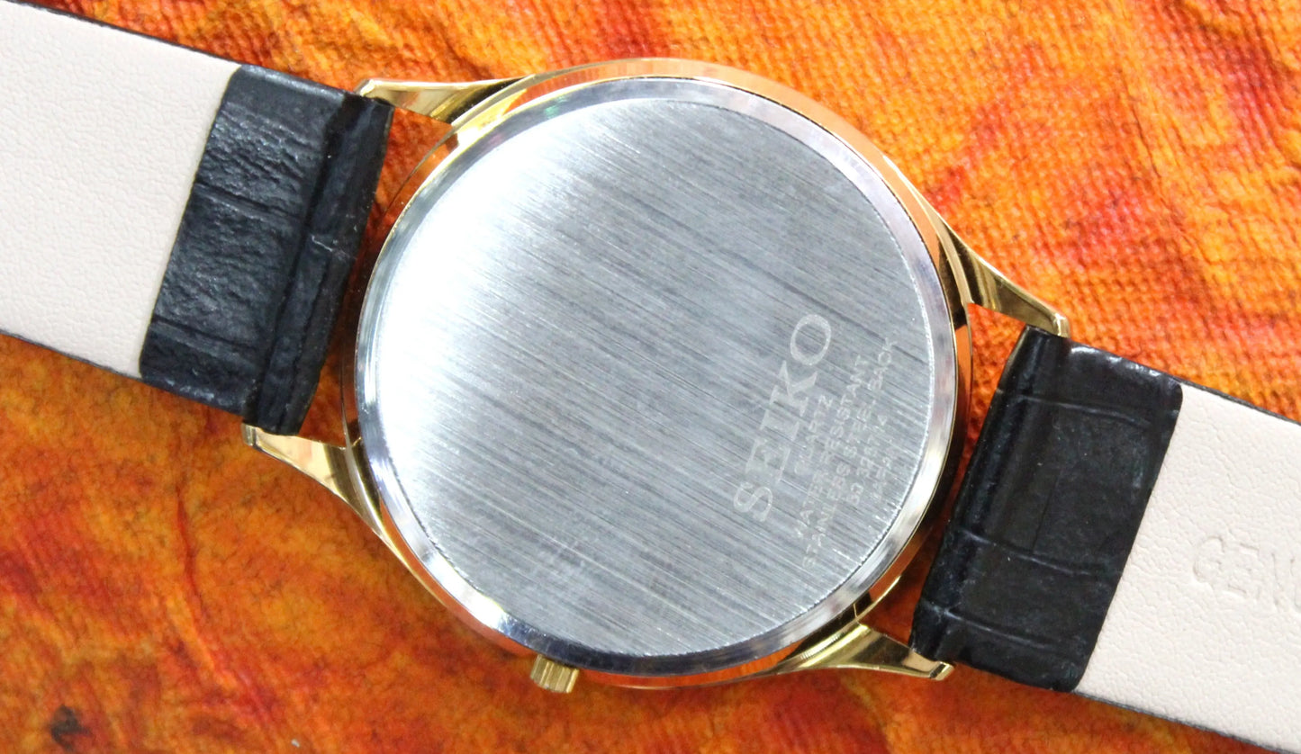 Seiko Quartz Super Slim Two Hands Japan Made Gold Plated Case Gold Dial Wristwatch