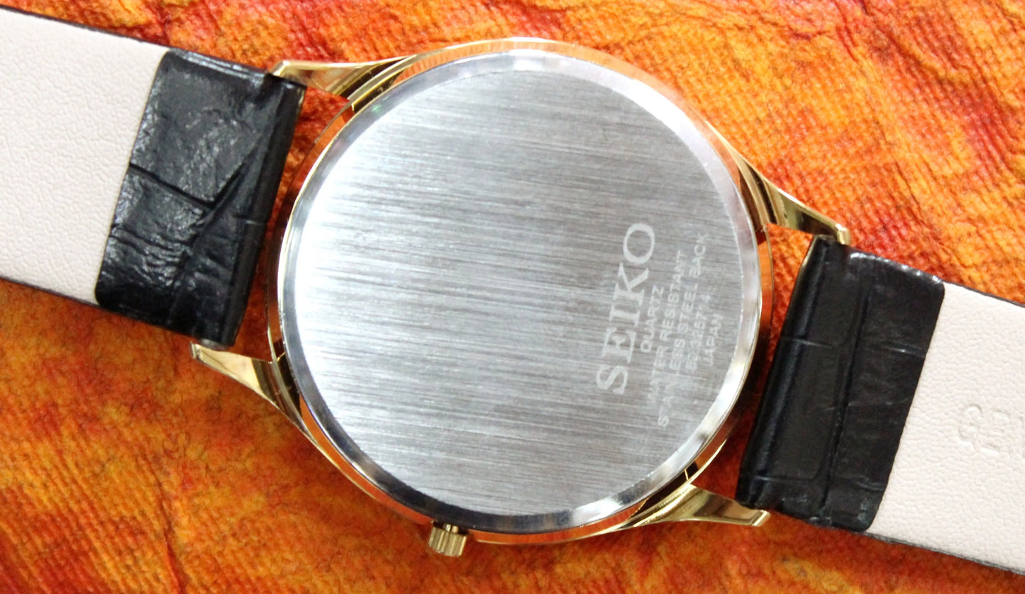 Seiko Quartz Japan Made Gold Plated Case Gold Dial Faux Leather Strap Wristwatch - Genuine Vintage Watches