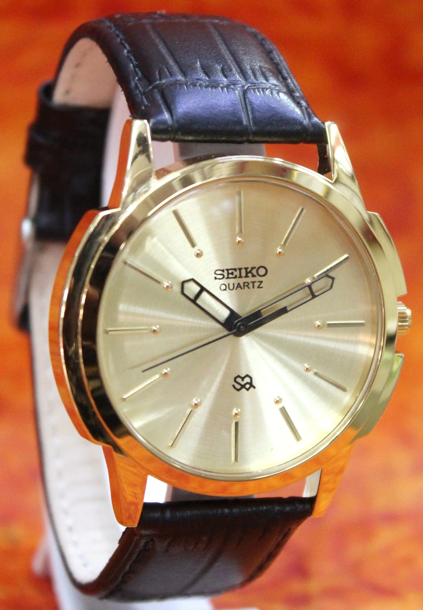 Seiko Quartz Japan Made Gold Plated Case Gold Dial Faux Leather Strap Wristwatch - Genuine Vintage Watches