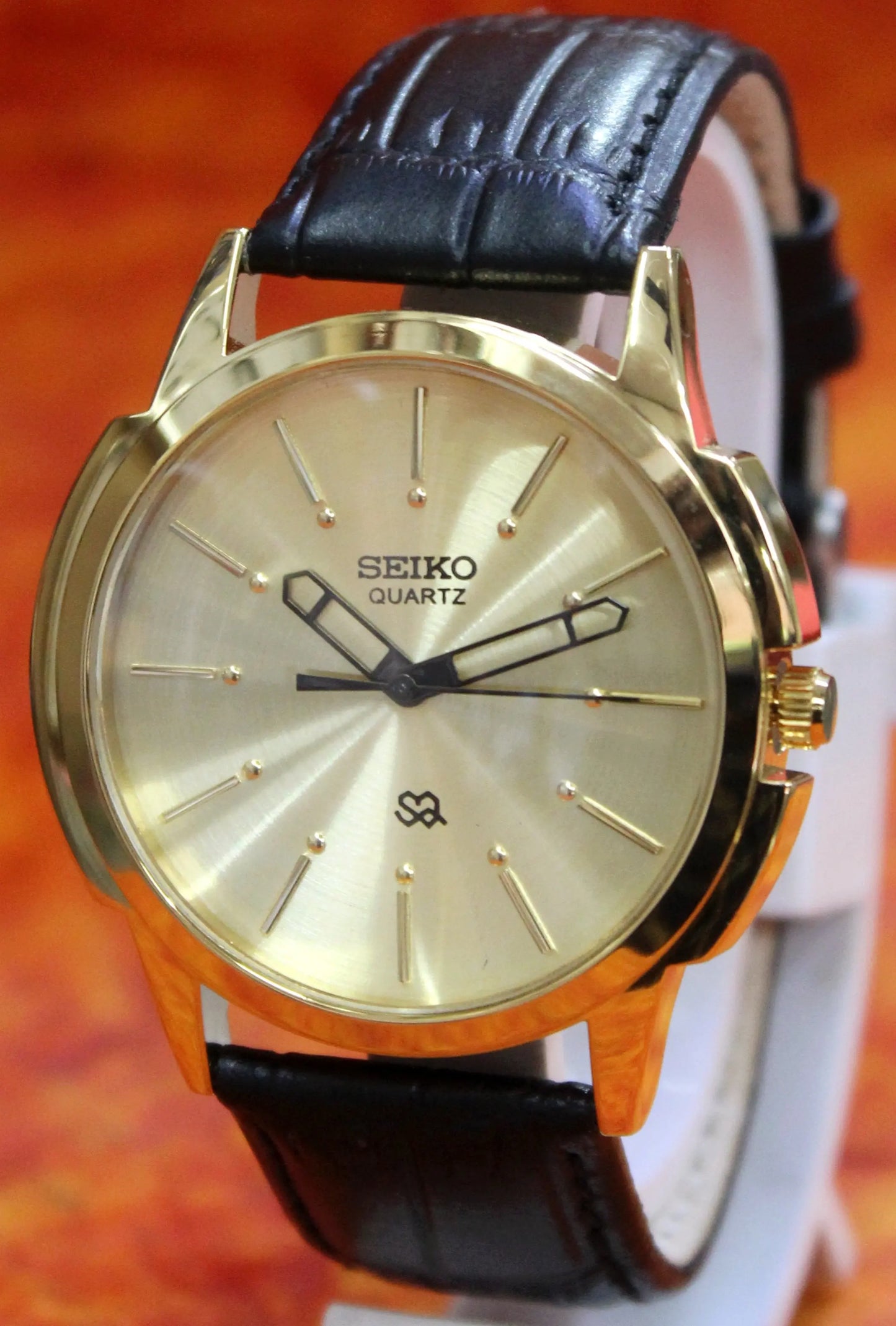 Seiko Quartz Japan Made Gold Plated Case Gold Dial Faux Leather Strap Wristwatch - Genuine Vintage Watches