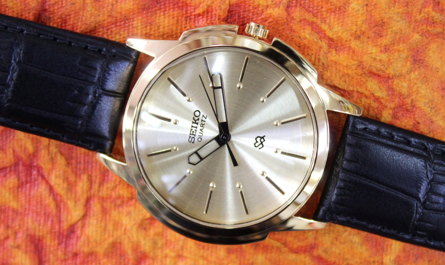 Seiko Quartz Japan Made Gold Plated Case Gold Dial Faux Leather Strap Wristwatch - Genuine Vintage Watches