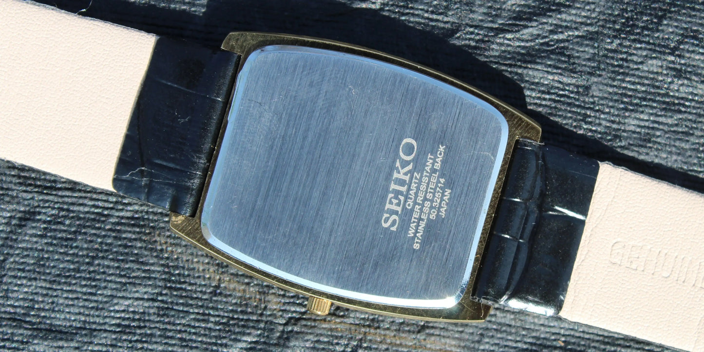 Seiko Quartz Super Slim Two Hands Japan Made Gold Plated Case Golden Dial Wristwatch - Genuine Vintage Watches