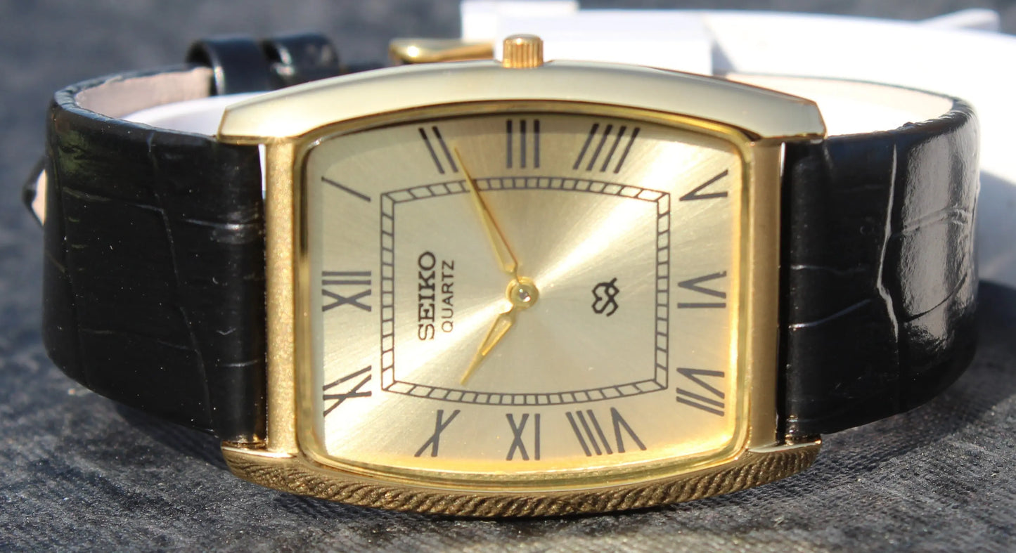 Seiko Quartz Super Slim Two Hands Japan Made Gold Plated Case Golden Dial Wristwatch - Genuine Vintage Watches