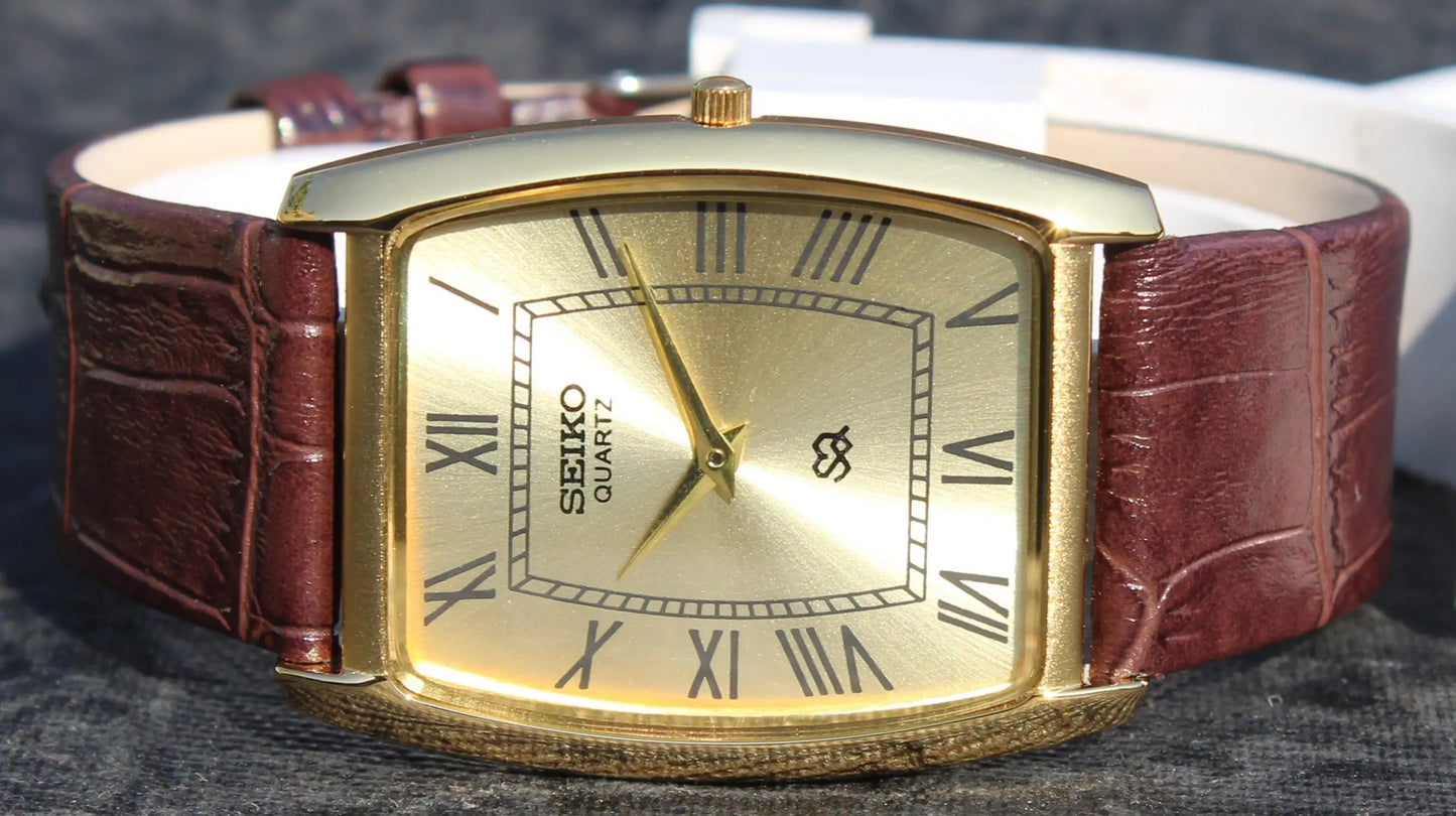 Seiko Quartz Super Slim Two Hands Japan Made Gold Plated Case Golden Dial Wristwatch - Genuine Vintage Watches