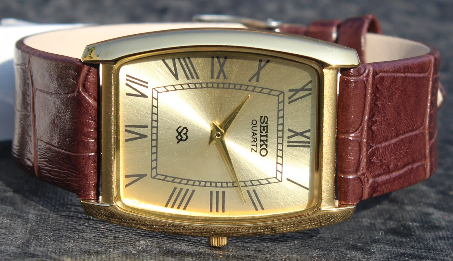 Seiko Quartz Super Slim Two Hands Japan Made Gold Plated Case Golden Dial Wristwatch - Genuine Vintage Watches