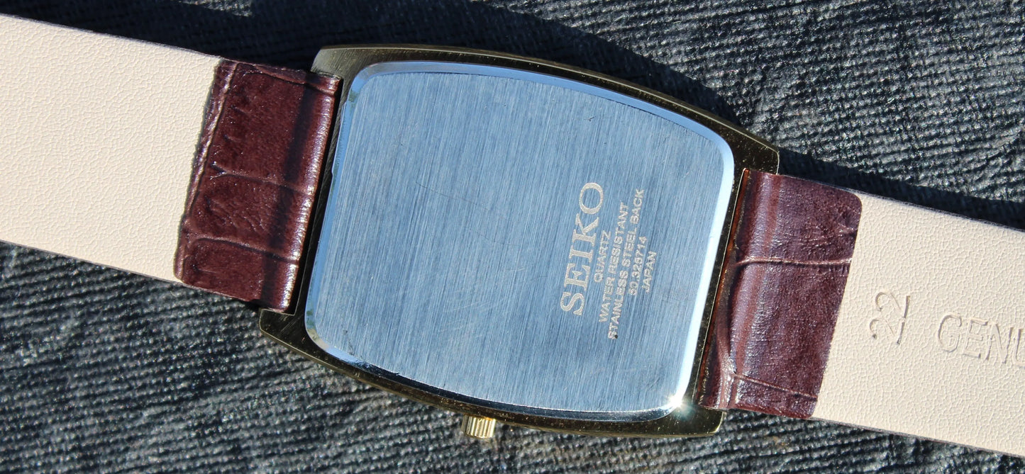 Seiko Quartz Super Slim Two Hands Japan Made Gold Plated Case Golden Dial Wristwatch - Genuine Vintage Watches