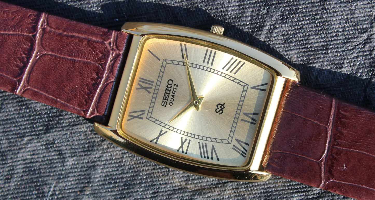 Seiko Quartz Super Slim Two Hands Japan Made Gold Plated Case Golden Dial Wristwatch - Genuine Vintage Watches