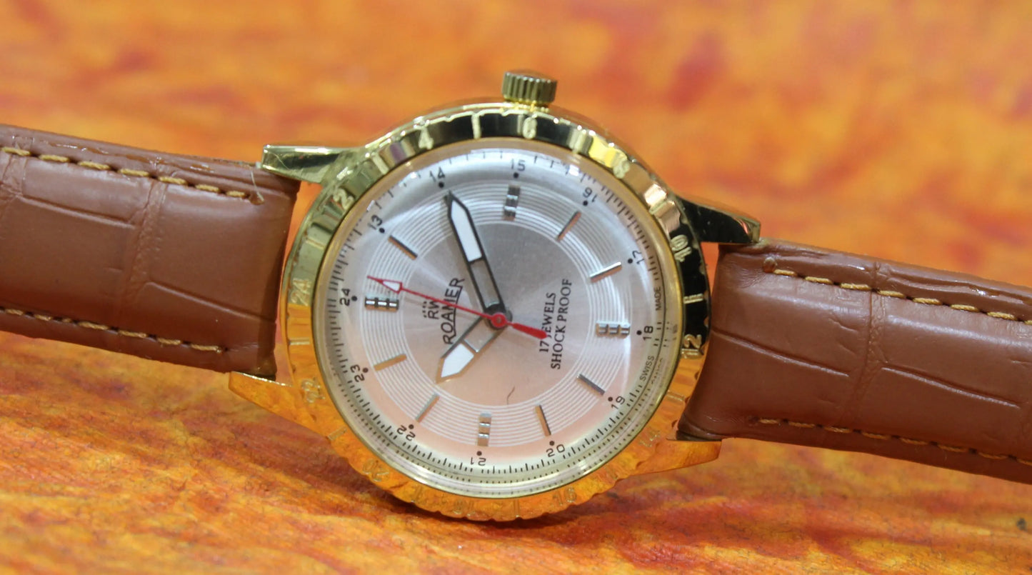 Gold Plated Watch Roamer 17 Jewels FHF ST96 Hand Wind Swiss Movement - Genuine Vintage Watches