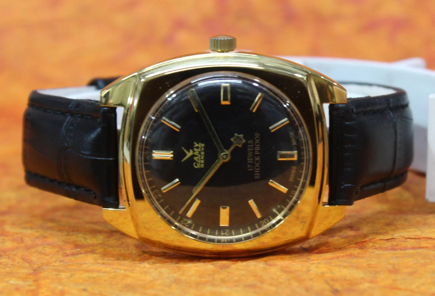 Black Dial Wristwatch Camy Geneva 17 Jewels ST96 Mechanical Hand Wind Movement - Genuine Vintage Watches