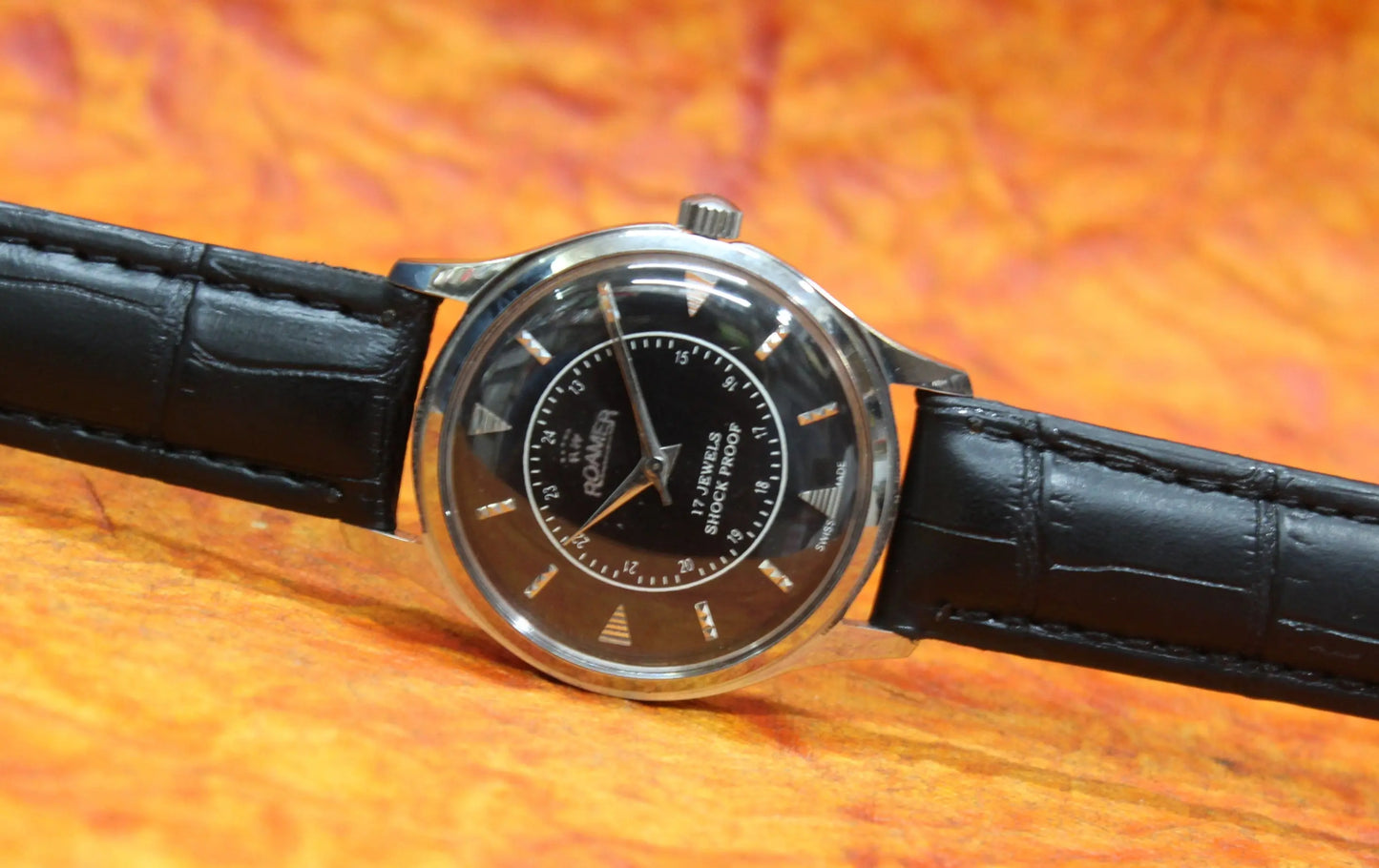 Black Dial Wristwatch Roamer Vintage 17 Jewels FHF ST96 Mechanical Hand Winding Swiss Made - Genuine Vintage Watches